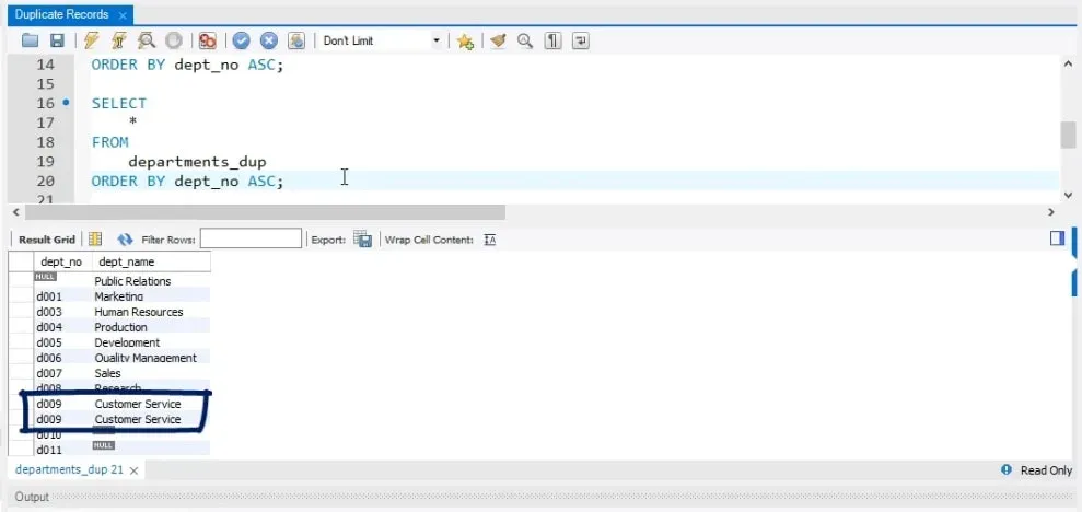 Customer Service department is shown twice, duplicate records in sql