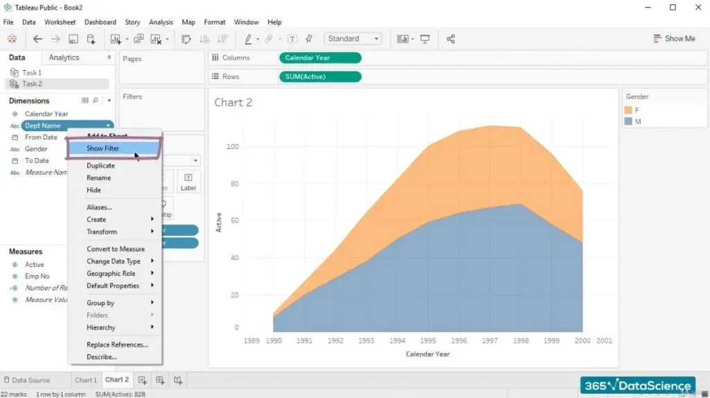 department name show filter, tableau