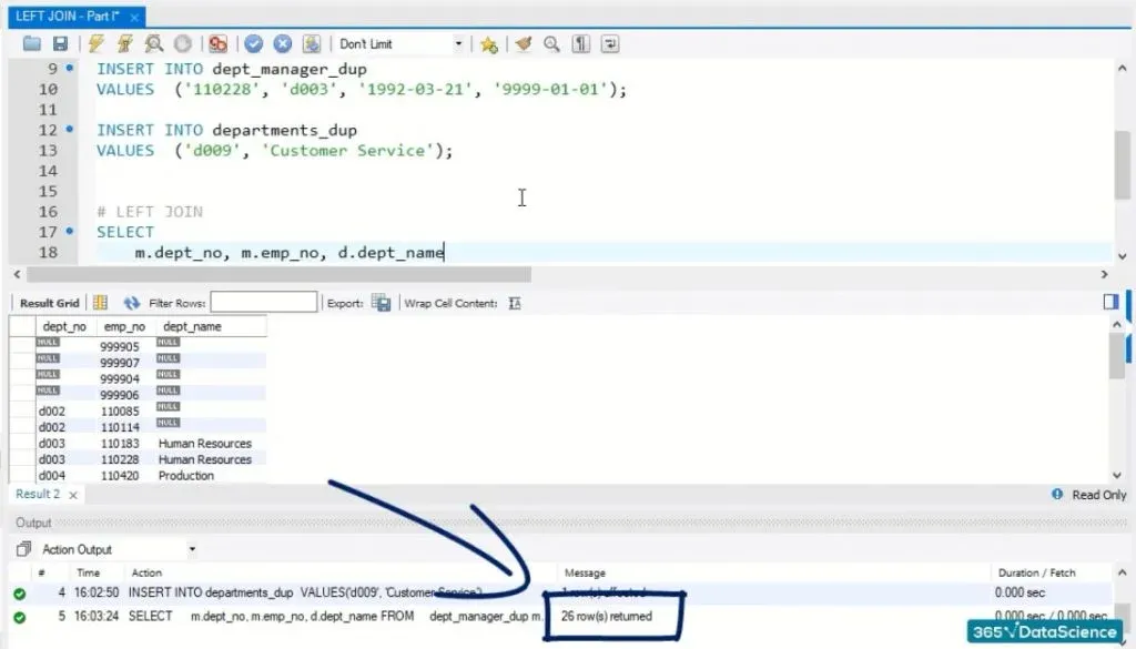 26 rows affected, left join in sql