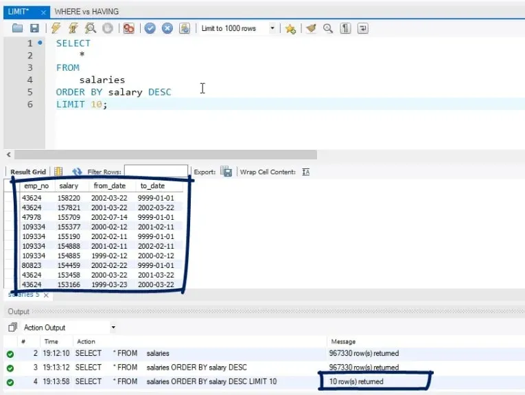 10 rows returned, limit statement in sql