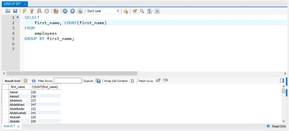 Insert 'first name' to get the names, sql group by