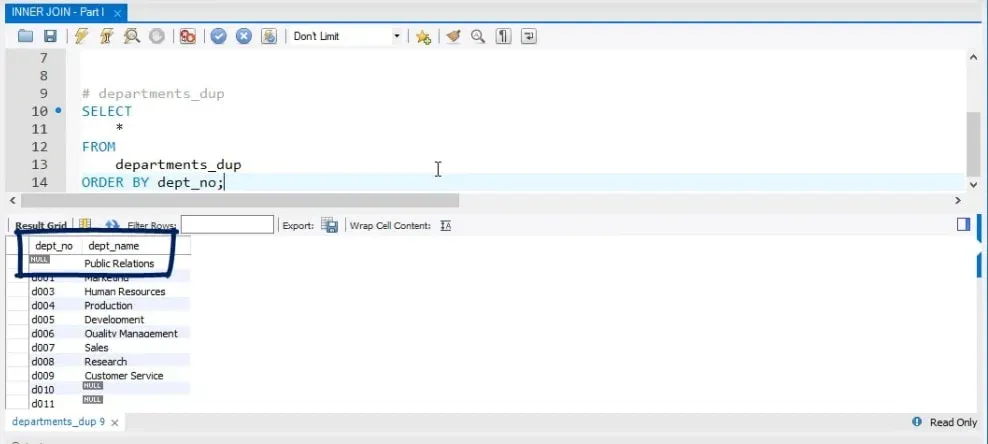 public relations contains no department number, inner join in sql