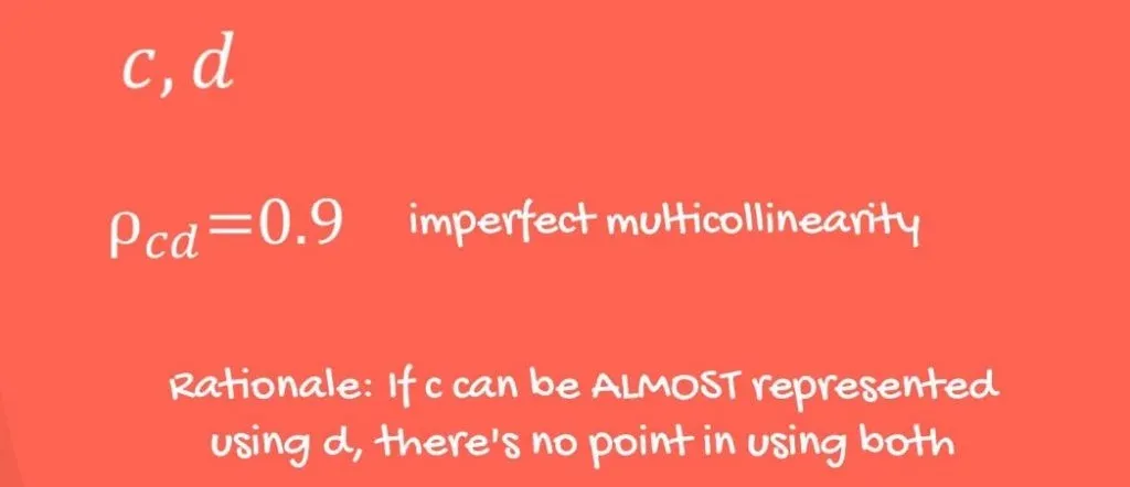 Imperfect multicollinearity rationale: if c can be almost represented by using d, there is no point in using both