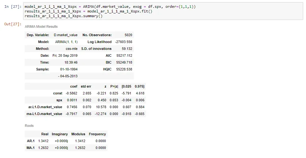 Example of summary table with ARIMAX model results