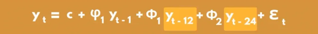 Seasonality formula explained: the original time series contains values a month apart, while the seasonal one would hold values 12 months apart.