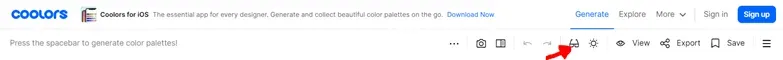 Coolors color palette generator: blindness filter