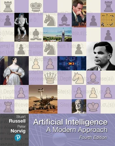 A purple and cream chessboard background with images of famous thinkers in AI around the board. At the bottom, there is a purple band with the title and author in white text.