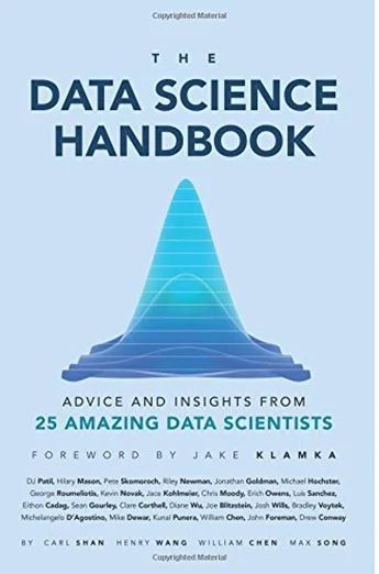 A light blue background with a darker blue 3D image of a normal distribution curve in the middle. Above is the title of the book, and below is the list of people interviewed for the book. 