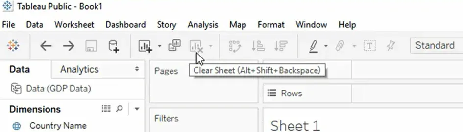 The Tableau interface: Clear Sheet button