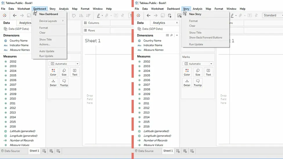 The Tableau interface: Dashboard and Story tabs