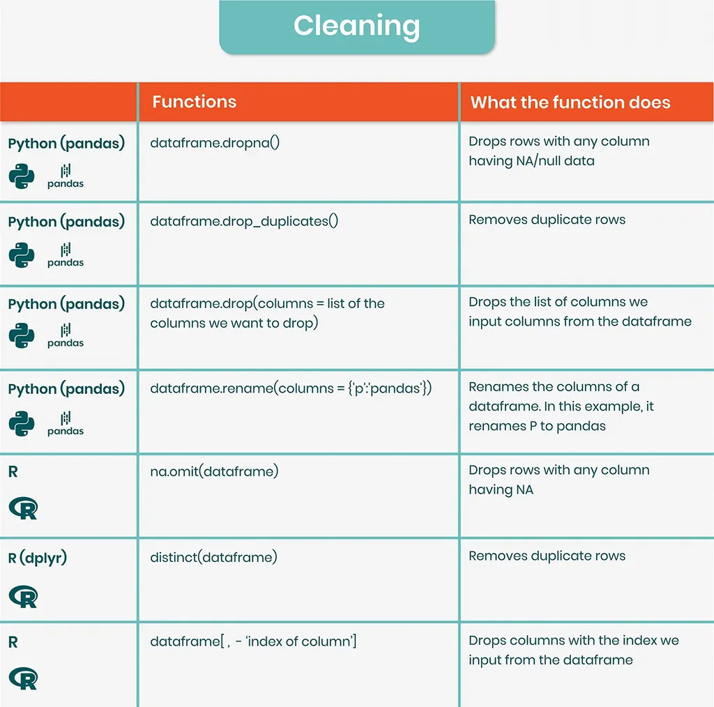 Data wrangling cheat sheet: data cleaning with Python and R