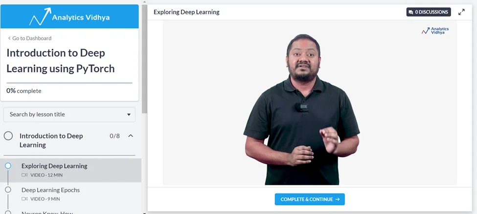 A snapshot of Analytics Vidhya's platform from an introduction course on deep learning using PyTorch.
