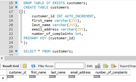MySQL displaying the correctly created "Customers" table, containing no records at this stage.