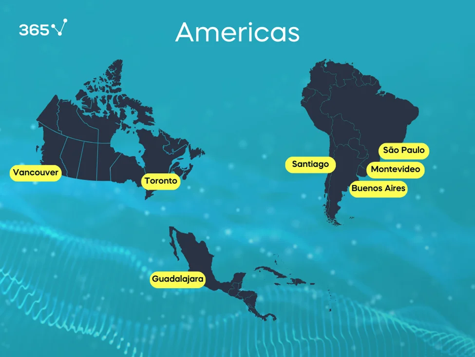 Maps of Canada and Latin America showing the best cities for data science careers, including Toronto, Vancouver, Sao Paulo, Santiago, Buenos Aires, Monevideo, and Guadalajara.