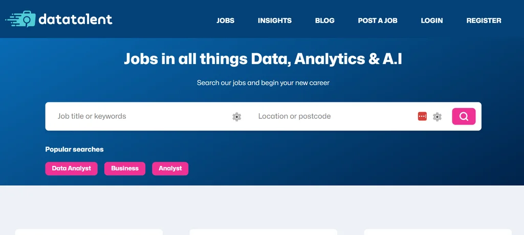 A blue background with the Datatalent logo in the upper left corner, and a search bar titled "Jobs in all things Data, Analytics & A.I Search our jobs and begin your new career" in the center.