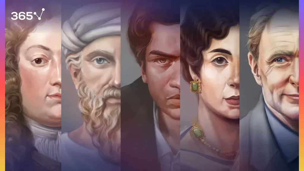 Hand-drawn portraits of five pioneers of mathematical sciences showing only half of their faces.