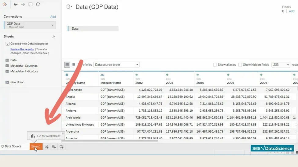 Creating a new sheet in the Tableau interface