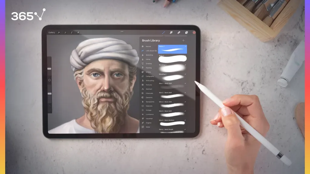 A hand holding a pen, drawing on a tablet the portrait of Pythagoras.