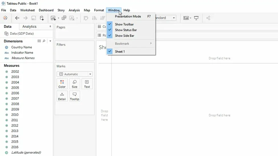 The Tableau interface: Window tab