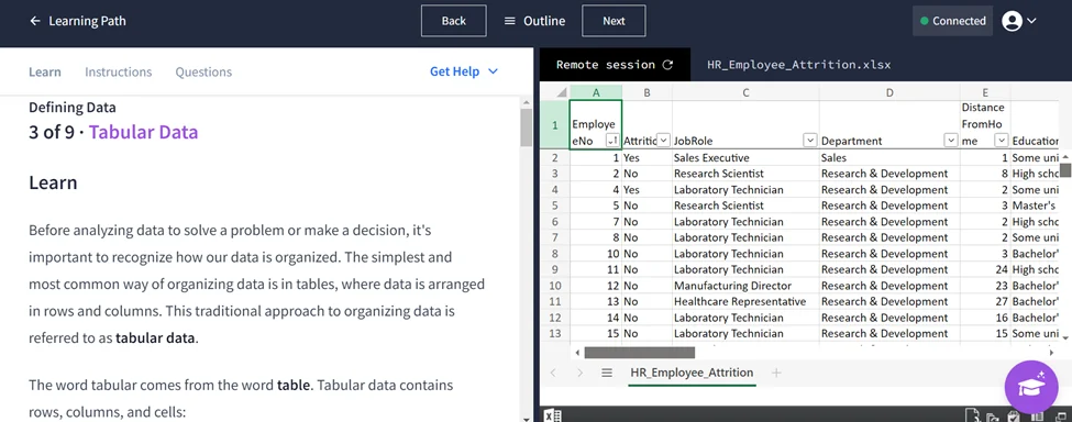 A snapshot of Datacamp's platform from an introductory course on using Excel for data science.