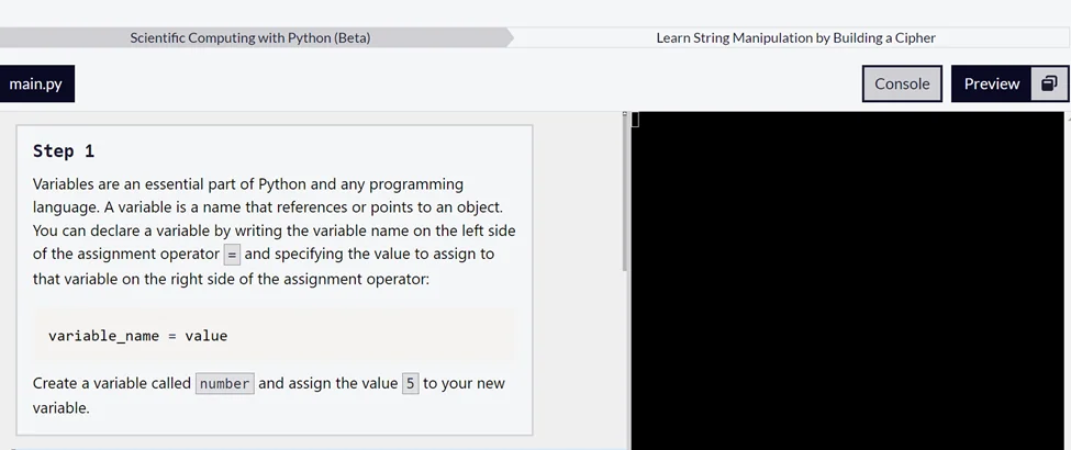 A snapshot of FreeCodeCamp's platform from a course on scientific computing with Python.