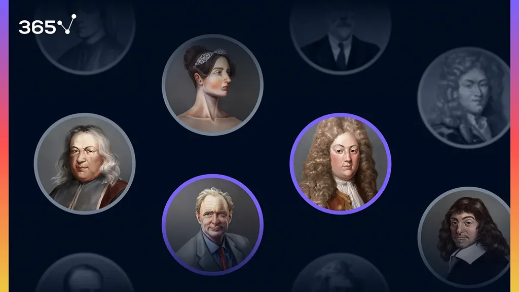 Hand-drawn portraits of the fathers of the foundational sciences in collectible cards on the gamified 365 Data Science learning platform.