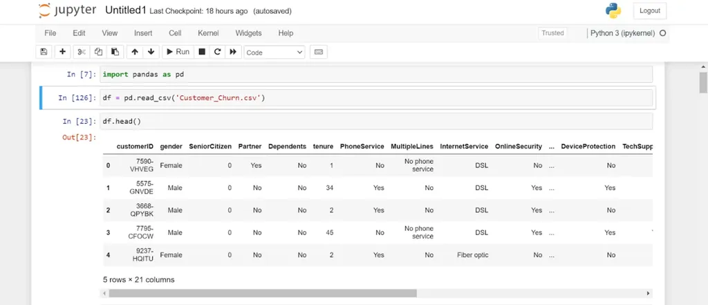 Screenshot demonstration for customer churn prediction in Jupyter