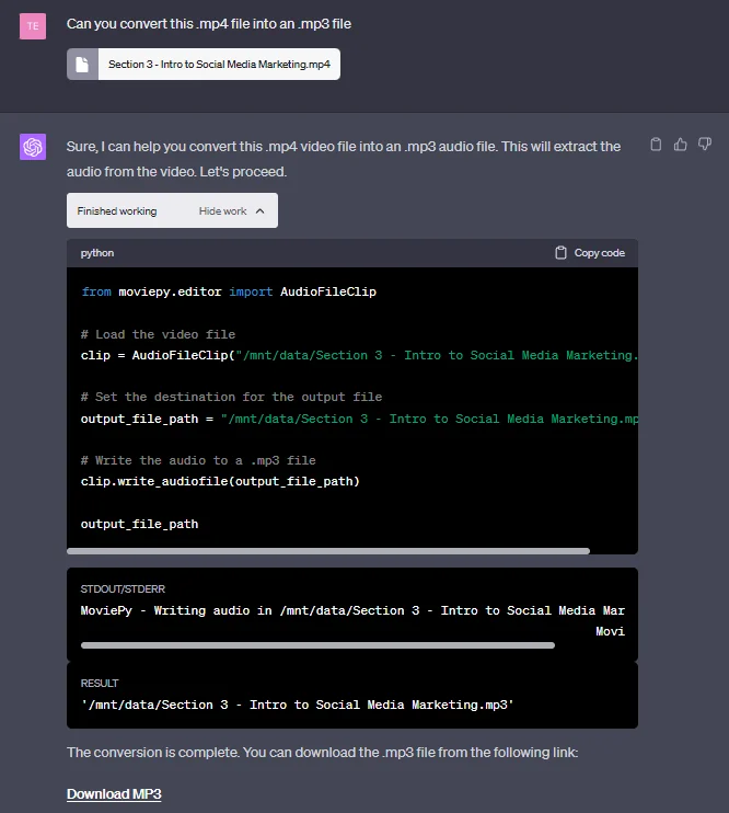 Screenshot from a chat with Code Interpreter converting an MP4 to an MP3 file.