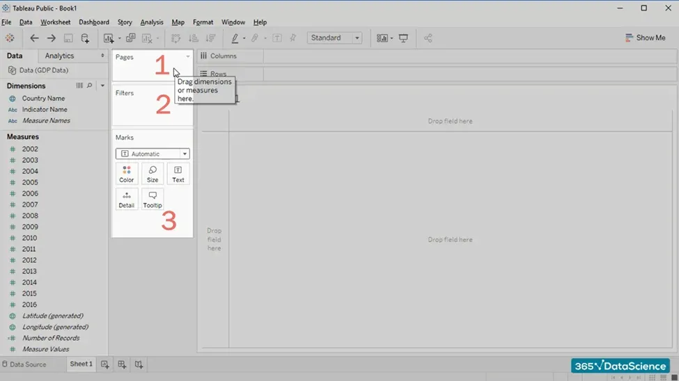 The Tableau interface: the Pages, Filters, and Marks shelves