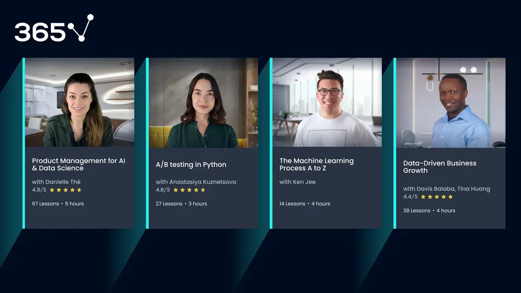 Examples of four 365 Data Science courses with photos of the instructors