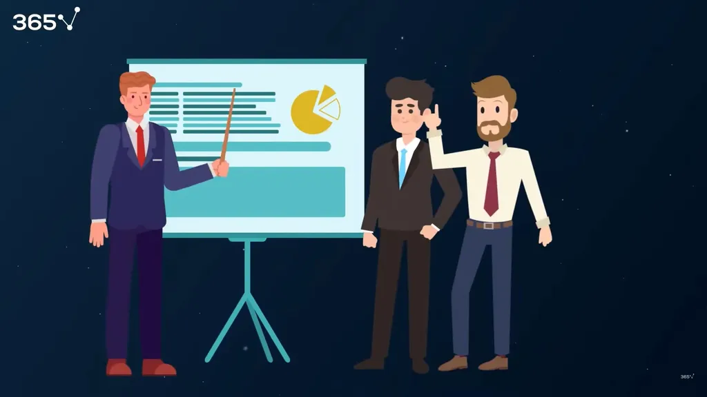 A data analyst presenting their findings in the form of a dashboard in front of two stakeholders.