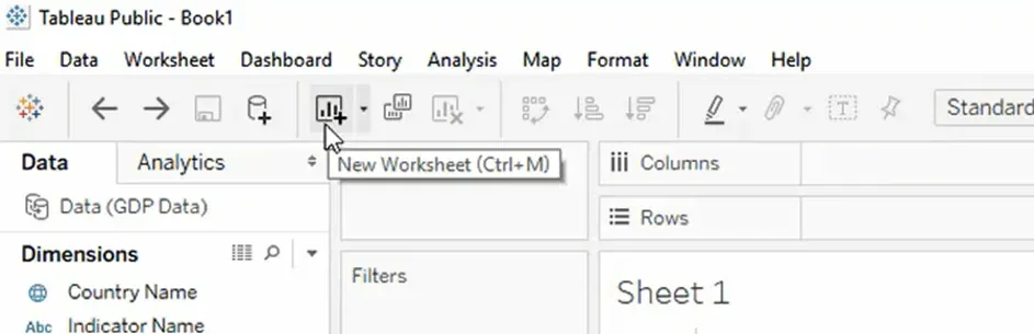 The Tableau interface: New Worksheet button