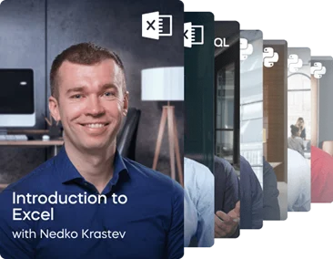 A series of cards with courses from the 365 Data Analyst Career Track. The first and most visible is Introduction to Excel with Nedko Krastev, showing his image.