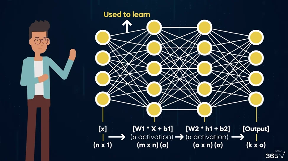 On a black background, there is an animated lecturer on the left, and a detailed artificial neural network on the right. For each layer of the neural network, there is an equation which includes different components of a model, including the neurons, weights and biases, activation functions, and loss functions. 