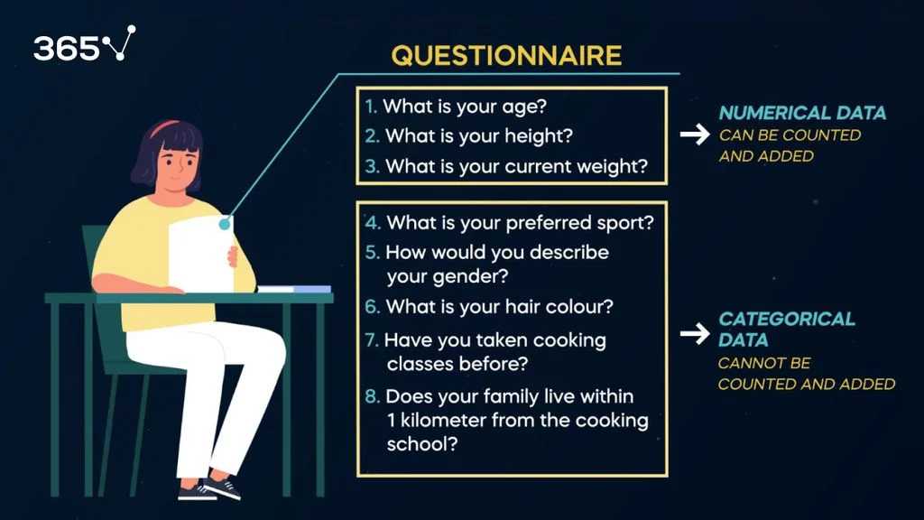 An infographic illustrating that numerical data can be counted and added, while categorical data cannot be counted and added.