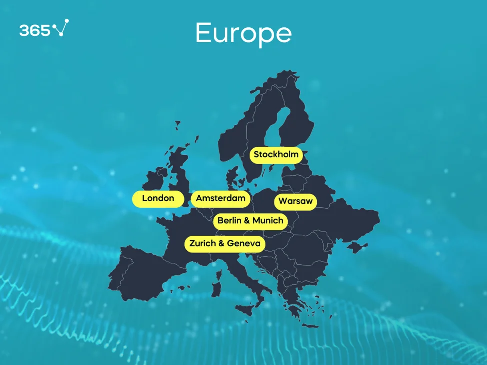 A map of Europe showing the best cities for data science careers, including London, Amsterdam, Stockholm, Warsaw, Berlin, Munich, Zurich, and Geneva.