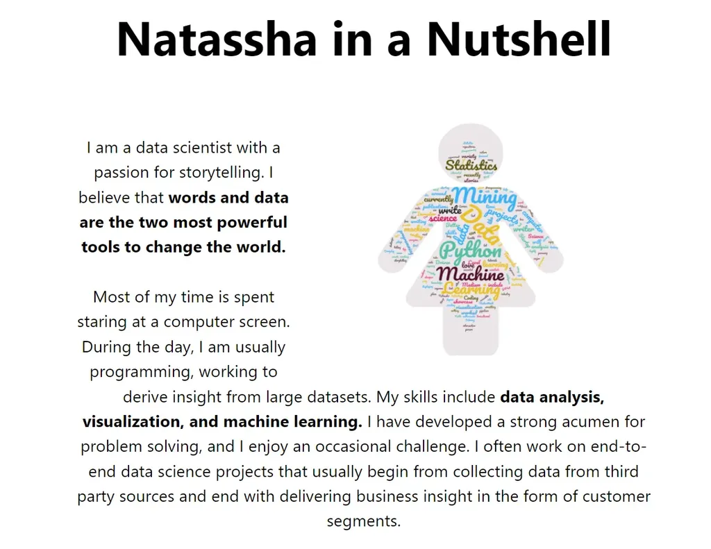 Screenshot of a data science portfolio’s about me page