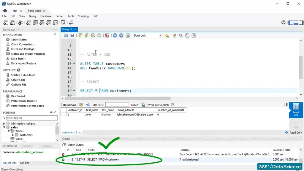 The user has access to the SELECT command, which they’ve run successfully on the “Customers” table in MySQL.