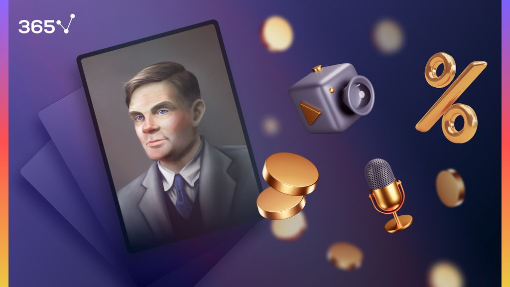 Collectible card with the portrait of Alan Turing and four floating animated signs on the right illustrating the benefits that can be unlocked.