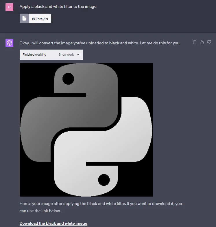 Screenshot from a chat with Code Interpreter making an image of the Python logo black and white.