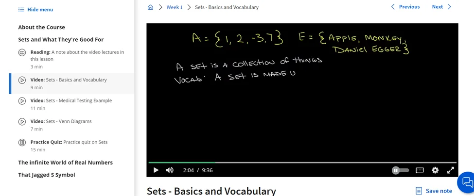 A snapshot of Coursera's introductory course to math for data science.