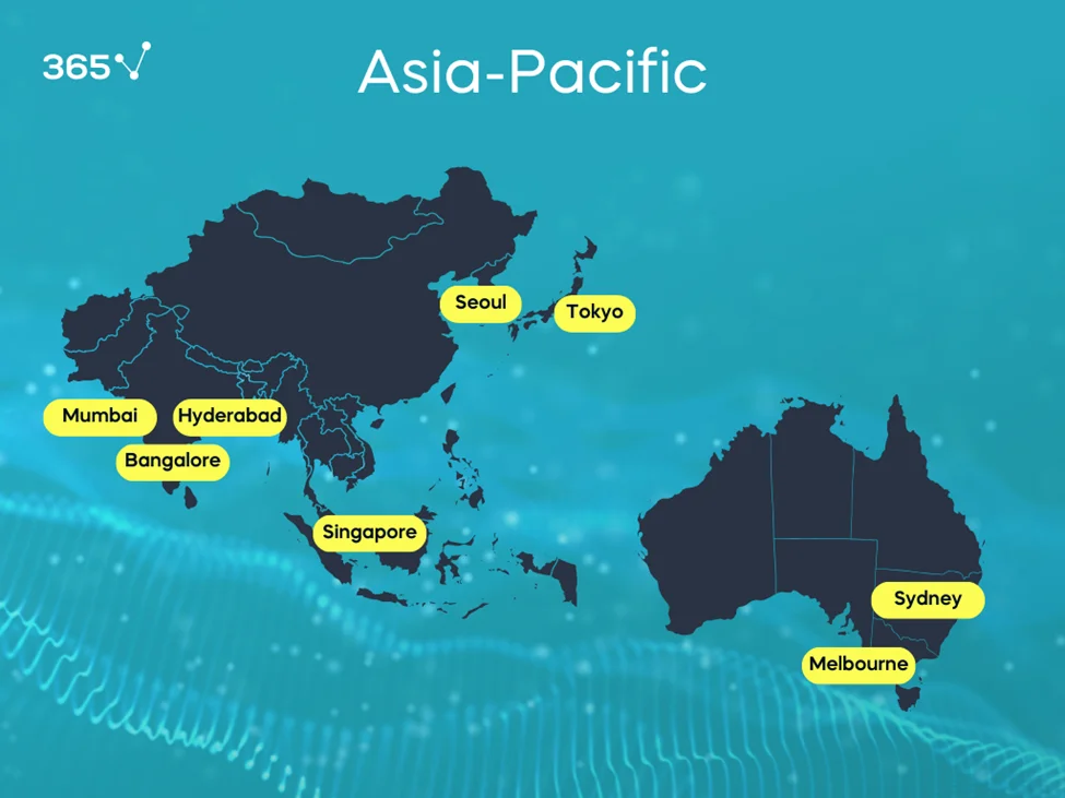 Maps of Asia and Australia showing the best cities for data science careers, including Sydney, Melbourne, Tokyo, Seoul, Singapore, Hyderabad, Bangalore, and Mumbai.