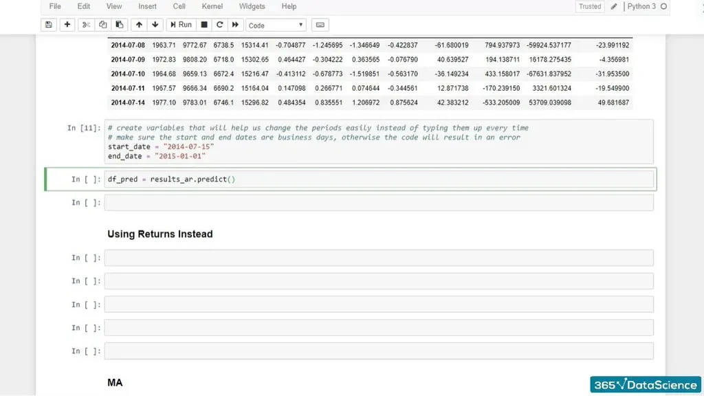 Making a time series forecast with the predict method in Python, then storing the results in an array equal to the results variable.