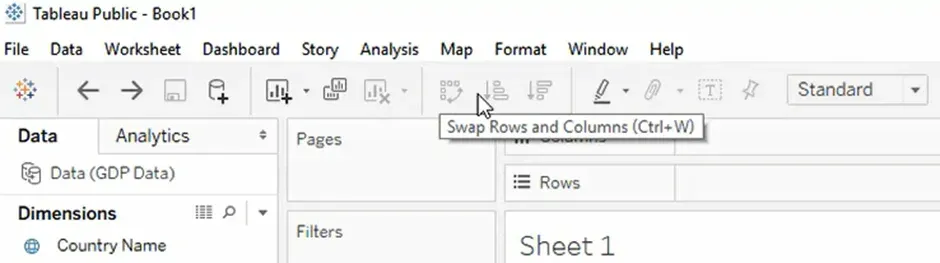 The Tableau interface: Swap Rows and Columns button
