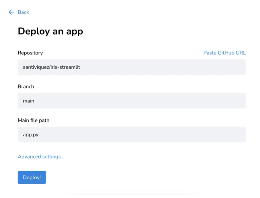 Screenshot showing how to link your Streamlit app with the GitHub repository containing the code for your machine learning model