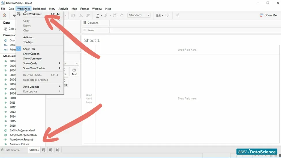 The Tableau interface: Worksheet tab