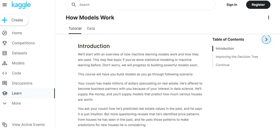 A snapshot of Kaggle's platform from a course on how models work.