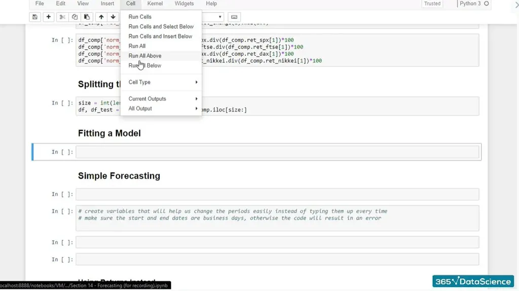 Running a code from a pre-loaded dataset in Python using the Run All Above command.