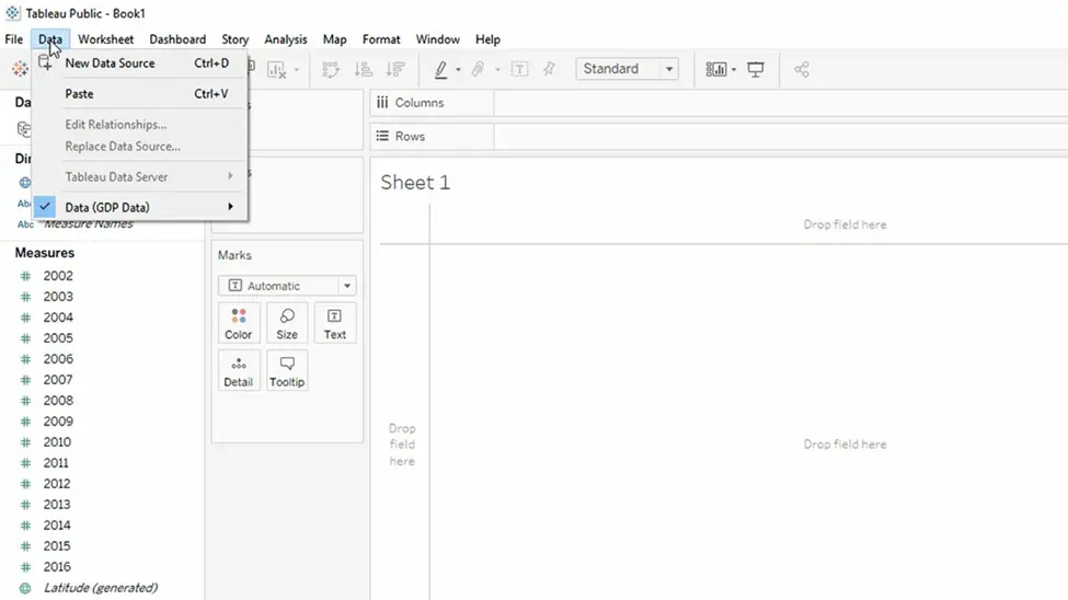 The Tableau interface: Data tab