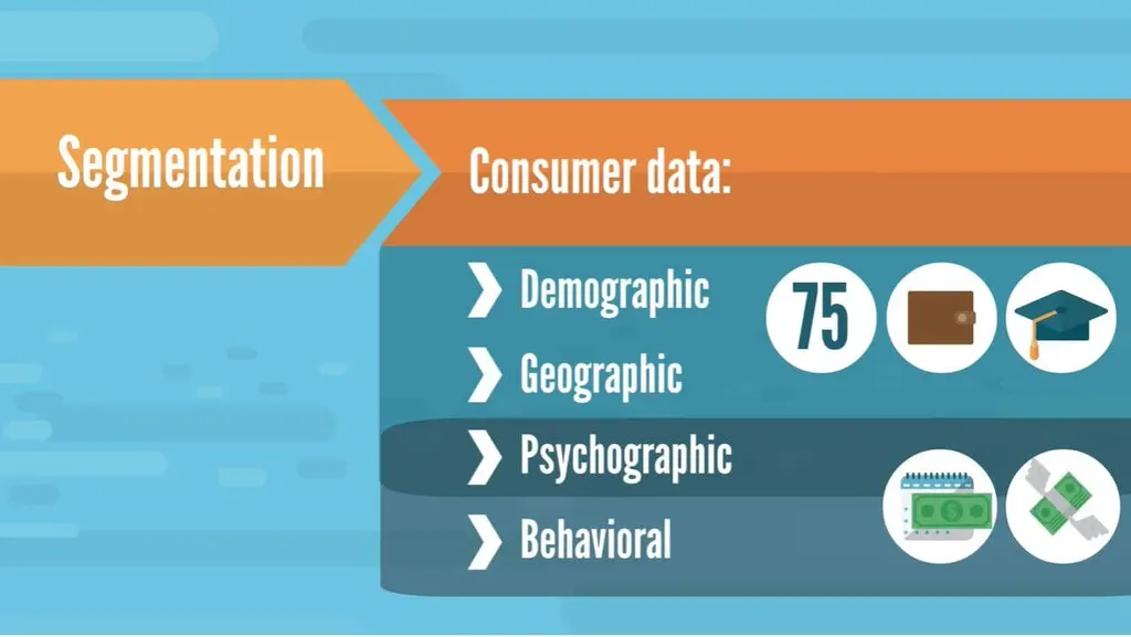 The different types of segmentation characteristics: demographic, geographic, psychographic, behavioral.